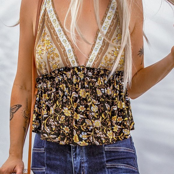 Multicolor Boho Colorblock Print Peplum Tank Top - Picture 5 of 6